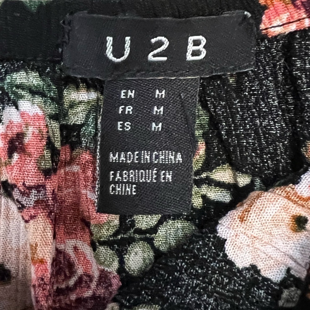 Black Floral Print Off the Shoulder Drawstring Waist Short Romper M - Picture 9 of 10